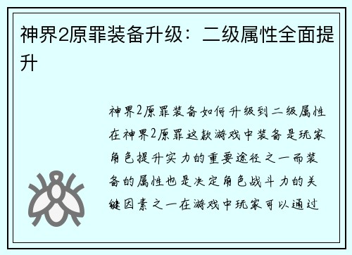 神界2原罪装备升级：二级属性全面提升